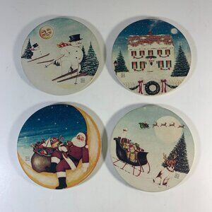 Christmas Coasters Set of 4 Coaster Stone Decoration Glass Cup Holder USA 4"